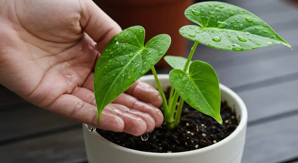 Proper watering technique for Angel Wings Plant using the soak-and-dry method