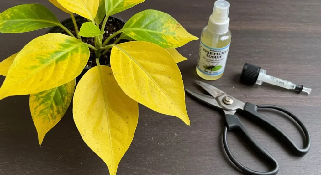 Yellowing leaves and pruning tools for troubleshooting Angel Wings Plant issues