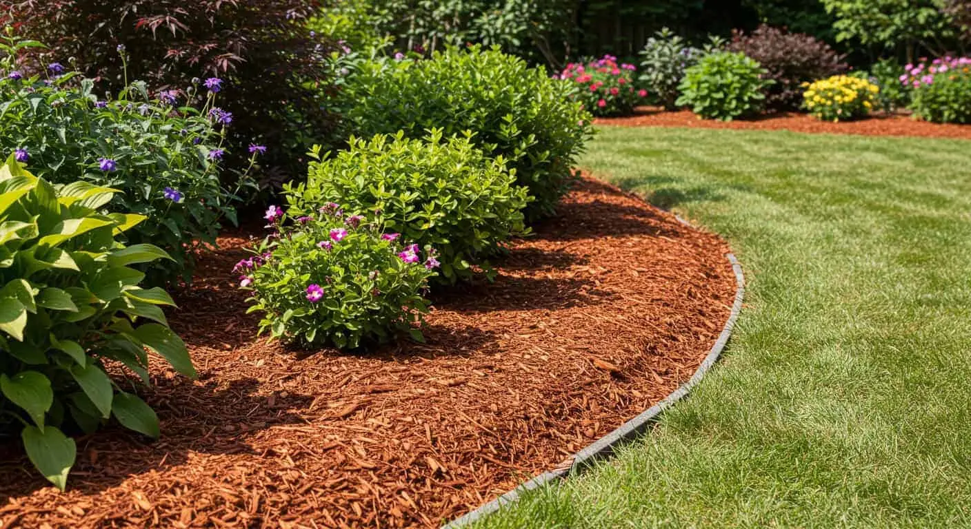 Freshly applied cedar mulch in a vibrant garden with flower beds and lush greenery