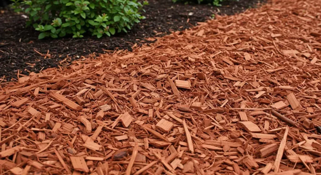 Close-up of shredded cedar mulch with soil and plants