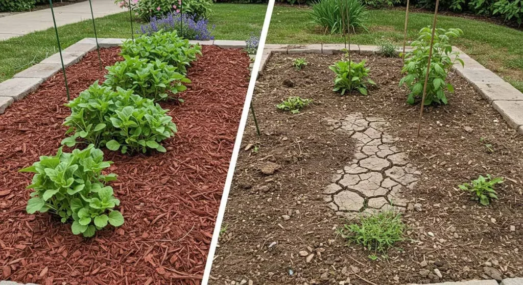 Garden beds with and without cedar mulch for comparison