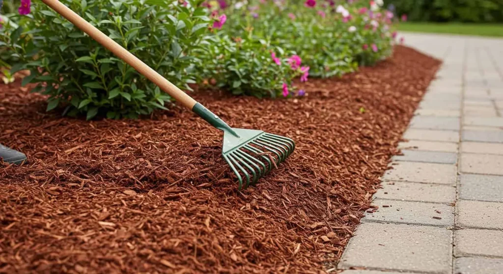 Person applying cedar mulch around a flower bed with a rake