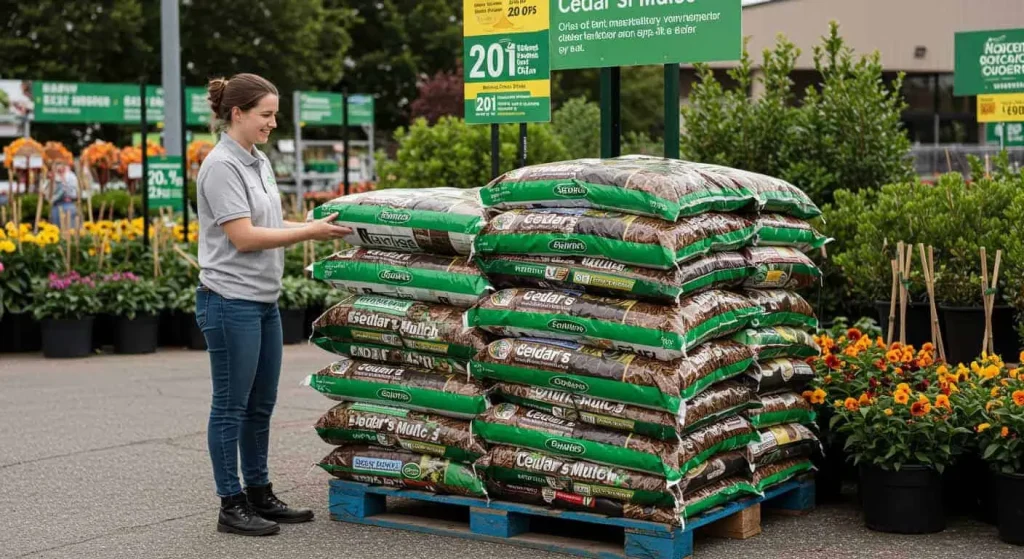 Cedar mulch bags at a garden center with employee assistance