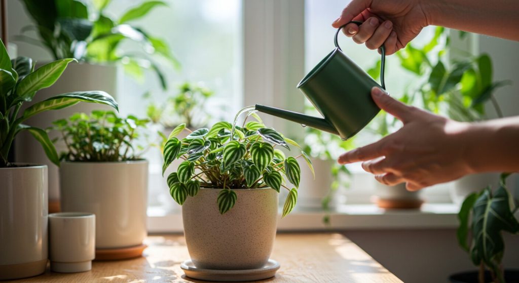 Watering a Peperomia obtusifolia plant with a small watering can, demonstrating proper care techniques.