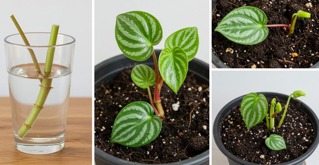 Step-by-step guide to propagating Peperomia obtusifolia using stem and leaf cuttings.
