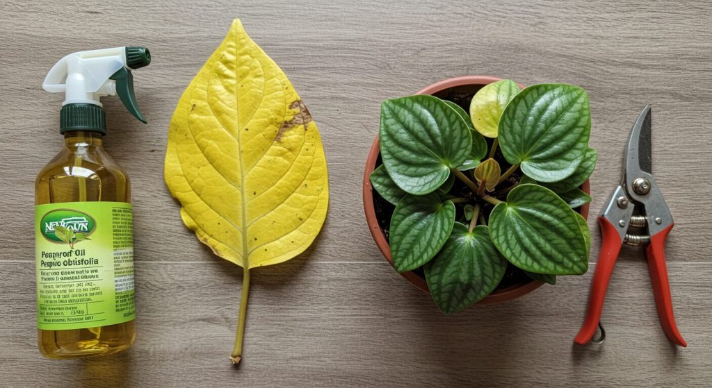 Peperomia obtusifolia with yellow leaves and brown spots, alongside a healthy plant for comparison.