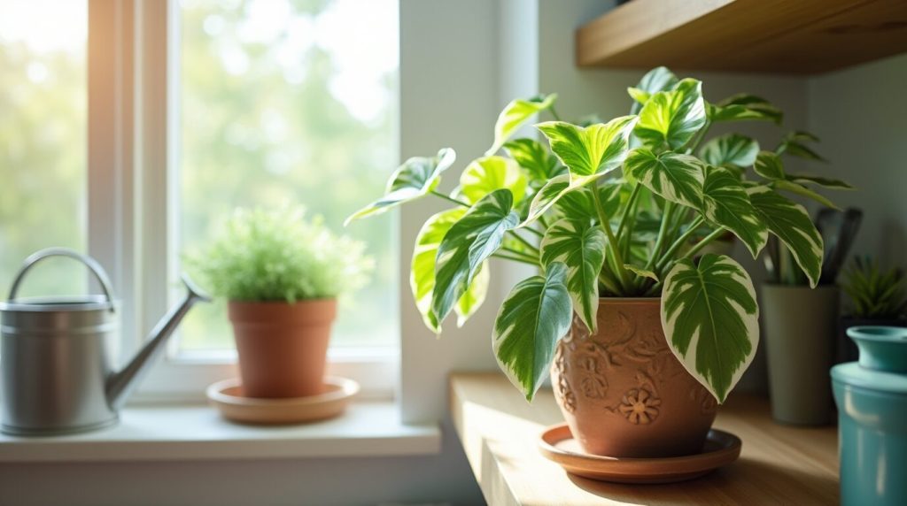 Syngonium Albo thriving in indirect sunlight near a bright window