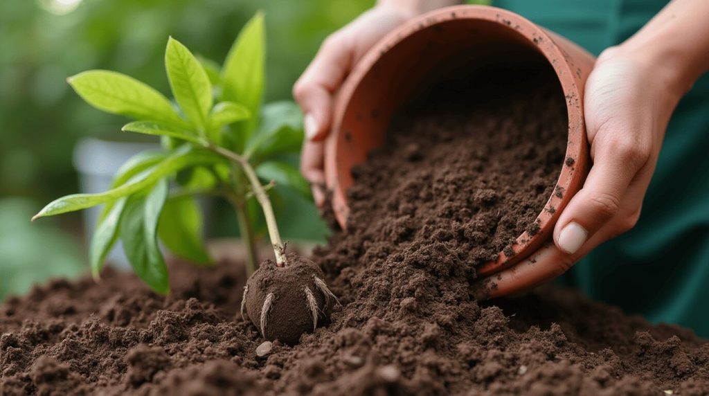 Preparing a pot with a well-draining soil mix for Syngonium Albo