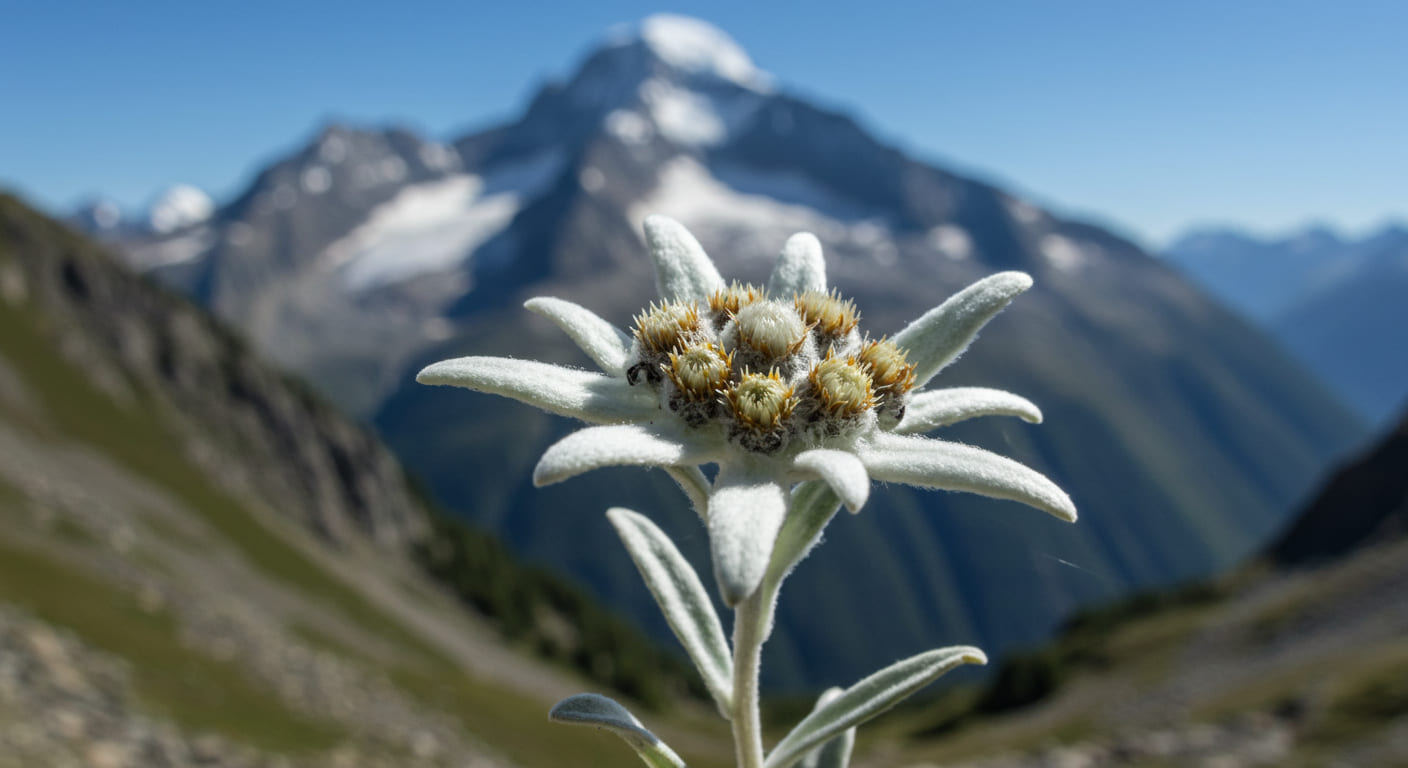 Close-up of an edelweiss flower with snow-capped Alps in the background