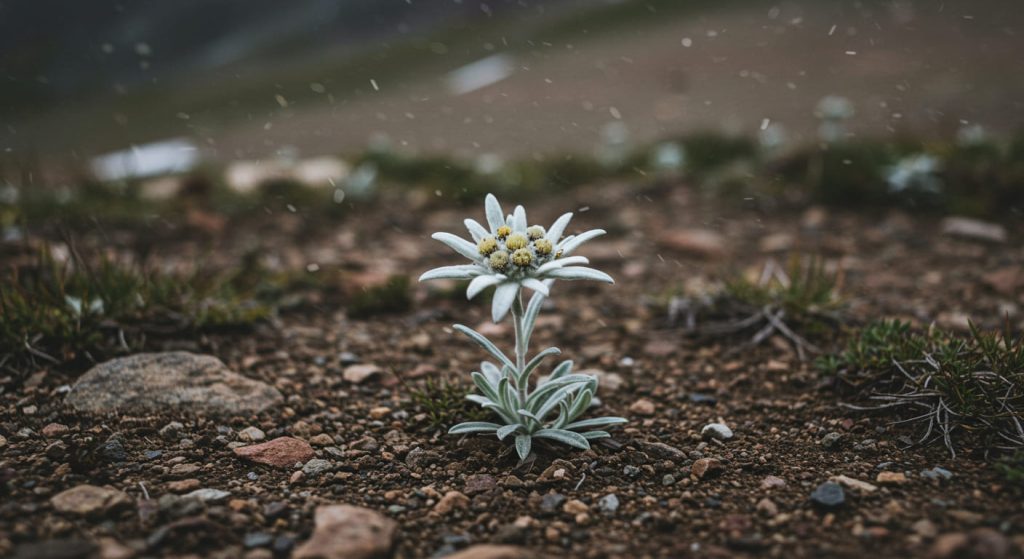 Edelweiss flower growing in rocky alpine soil, symbolizing resilience