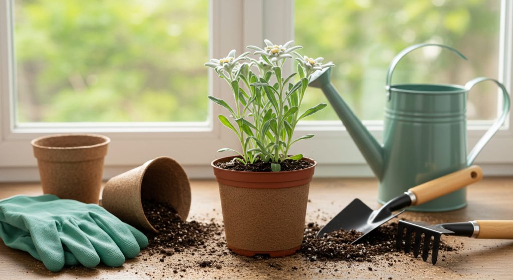 Potted edelweiss plant with gardening tools, ideal for home cultivation
